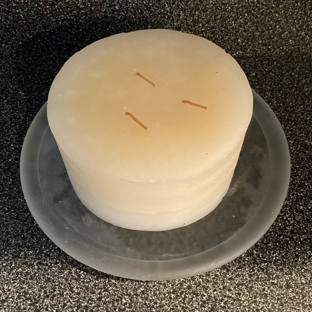 NWOT large unscented cream colored 3 wick candle + frosted glass candle holder